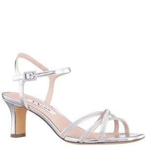 Nina | Bobby - Silver Metallic Mid-Heel Ankle-Strap Sandals; Women's 5.5